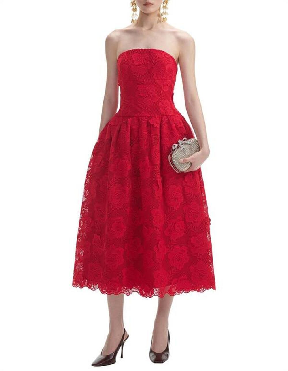 Self Portrait Bandeau Lace Midi Dress in Red US 10